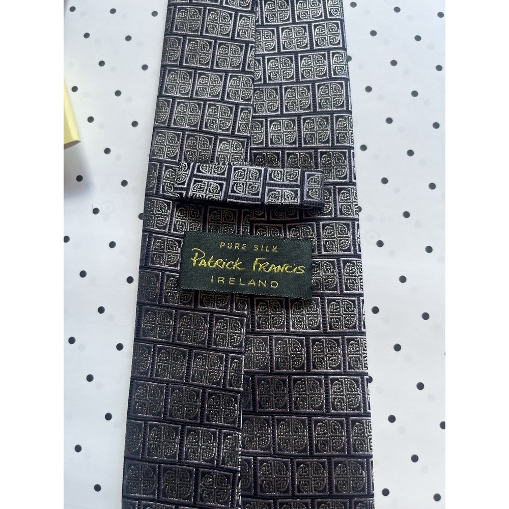 Patrick Francis Ireland Pure Silk Celtic Design Neck Tie Gray Black Woven Mens